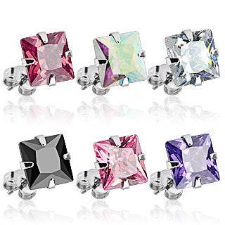 Pair of 316L Surgical Steel Prong Set CZ Crystal Square Stud Earrings - Pierced Universe