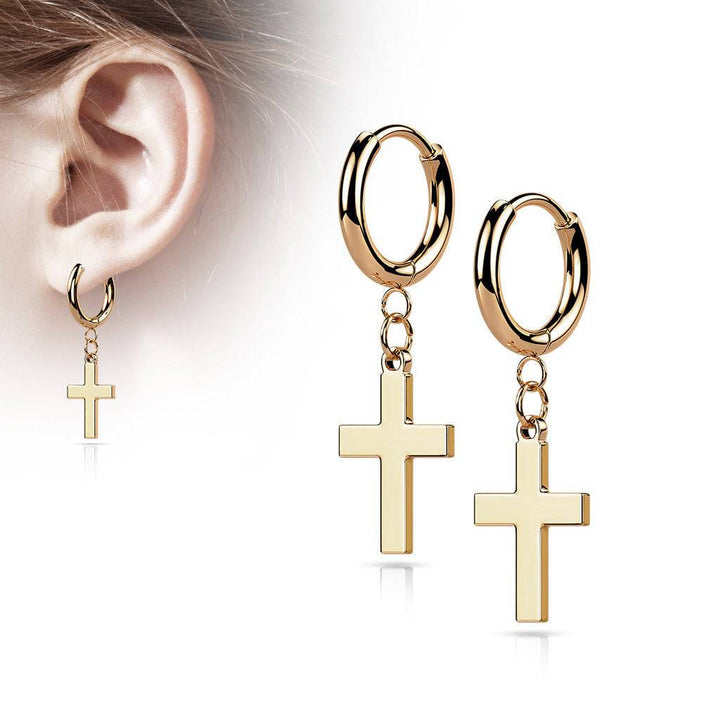 Pair Of 316L Surgical Steel Rose Gold PVD Thin Hoop Earrings With Dangling Cross - Pierced Universe