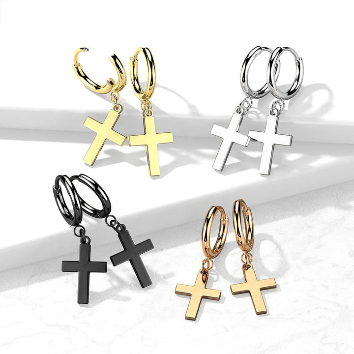 Pair Of 316L Surgical Steel Rose Gold PVD Thin Hoop Earrings With Dangling Cross - Pierced Universe