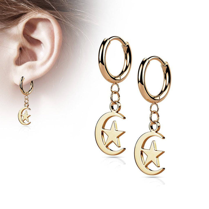 Pair Of 316L Surgical Steel Rose Gold PVD Thin Hoop Earrings With Dangling Moon & Star - Pierced Universe