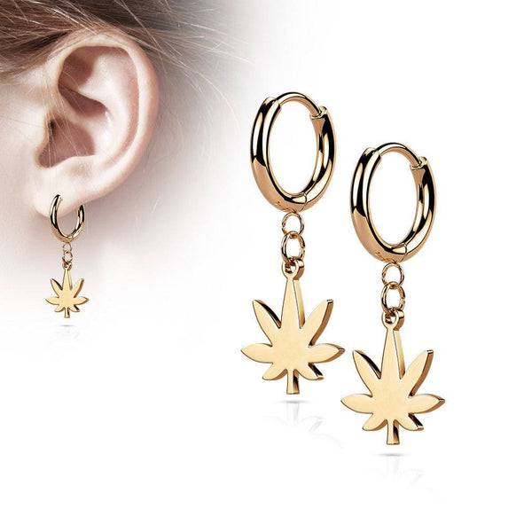 Pair Of 316L Surgical Steel Rose Gold PVD Thin Hoop Earrings With Dangling Weed Leaf - Pierced Universe