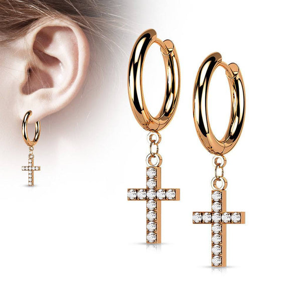 Pair Of 316L Surgical Steel Rose Gold PVD White CZ Cross Dangle Hoop Earrings - Pierced Universe