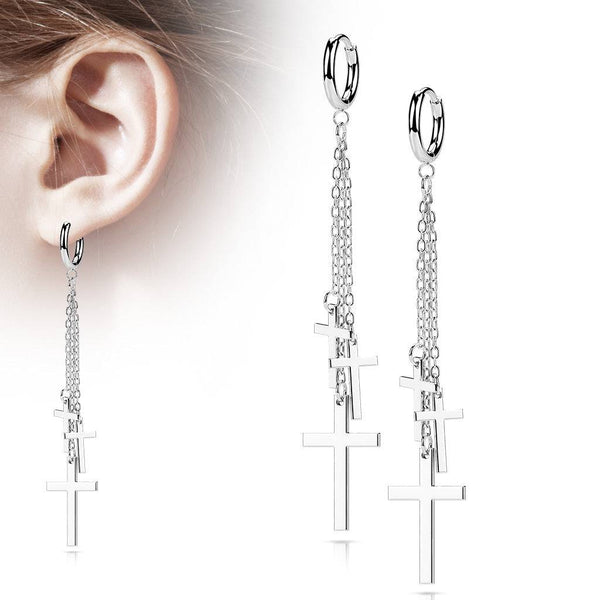 Pair Of 316L Surgical Steel Thin Hoop Earrings With Dangling Chains & Crosses - Pierced Universe