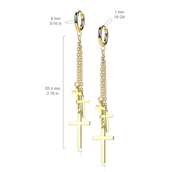 Pair Of 316L Surgical Steel Thin Hoop Earrings With Dangling Chains & Crosses - Pierced Universe