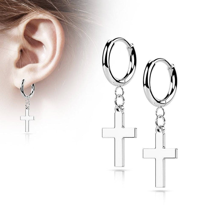 Pair Of 316L Surgical Steel Thin Hoop Earrings With Dangling Cross - Pierced Universe