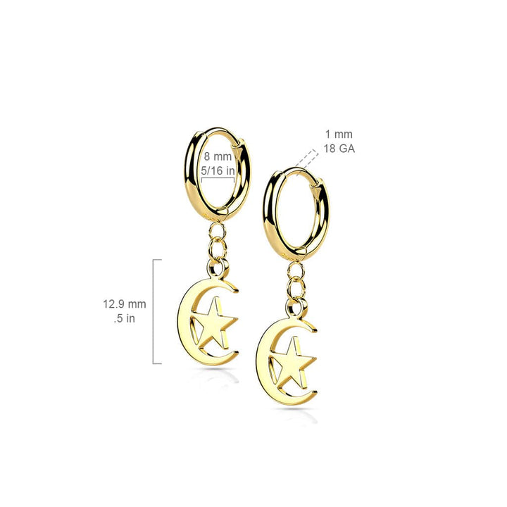 Pair Of 316L Surgical Steel Thin Hoop Earrings With Dangling Moon & Star - Pierced Universe