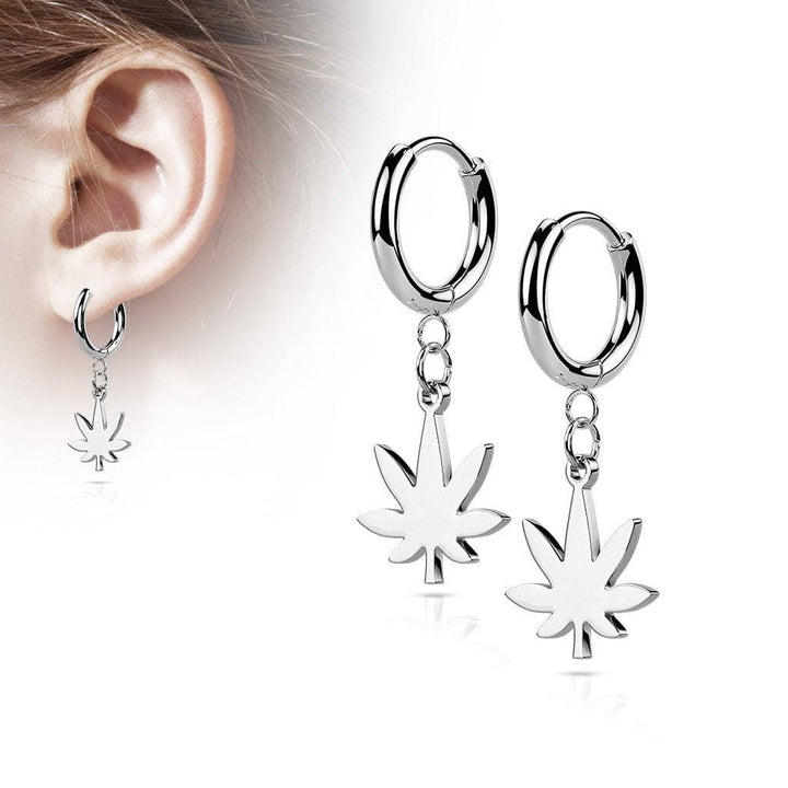 Pair Of 316L Surgical Steel Thin Hoop Earrings With Dangling Weed Leaf - Pierced Universe