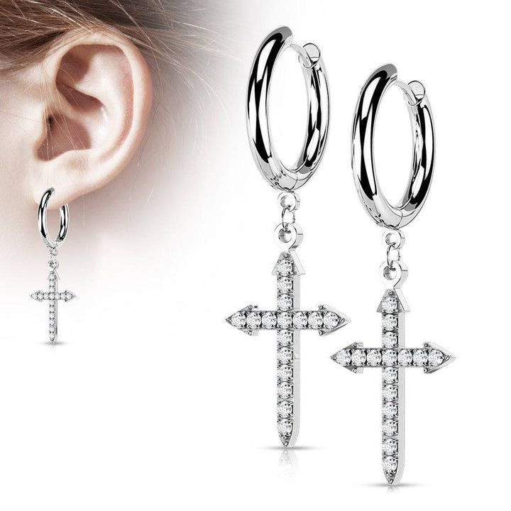 Pair Of 316L Surgical Steel White CZ Celtic Cross Dangle Hoop Earrings - Pierced Universe
