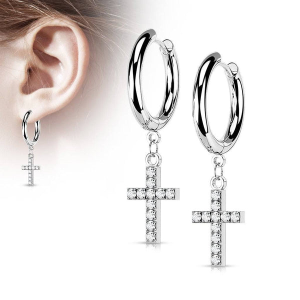 Pair Of 316L Surgical Steel White CZ Cross Dangle Hoop Earrings - Pierced Universe