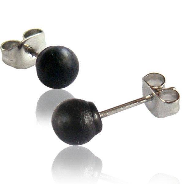 Pair of 6mm Organic Black Areng Wood Ball Earring Studs - Pierced Universe