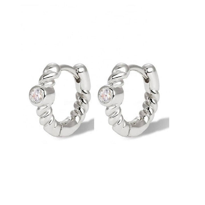 Pair of 925 Sterling Silver Braided Diamond CZ Gem Minimal Hoop Earrings - Pierced Universe