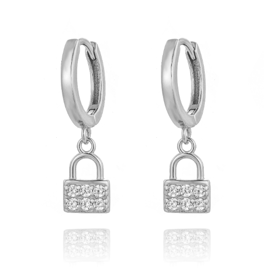 Pair of 925 Sterling Silver CZ Gem Lock Dangle Minimal Earrings - Pierced Universe