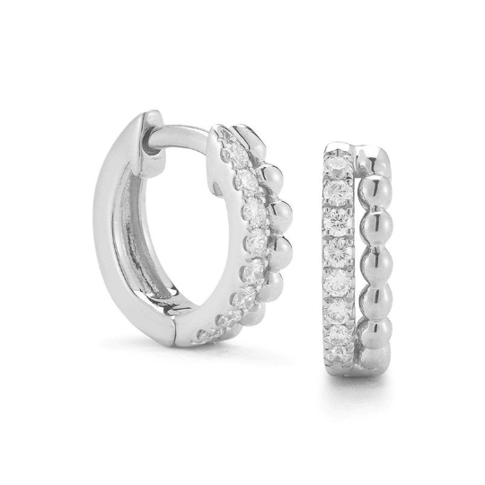 Pair of 925 Sterling Silver Dainty Minimal Women's Bead and White CZ Hinged Clicker Hoop Earring - Pierced Universe