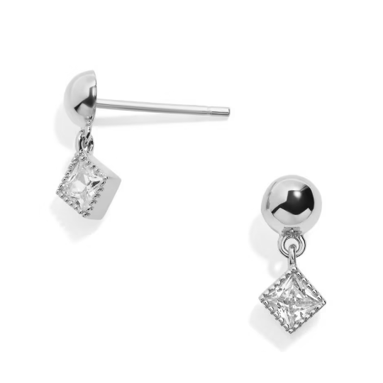 Pair of 925 Sterling Silver Dangly Diamond White CZ Gem Minimal Earring Studs - Pierced Universe