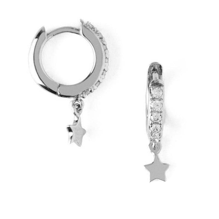 Pair of 925 Sterling Silver Diamond CZ Dangling Star Minimal Hoop Earrings - Pierced Universe