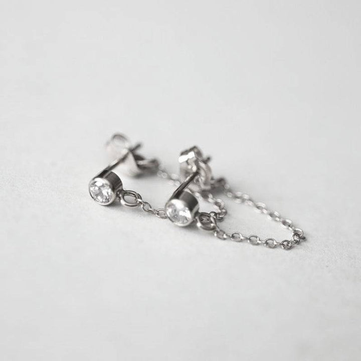Pair of 925 Sterling Silver Double Lobe Bezel CZ with Chain Minimal Stud Earrings - Pierced Universe