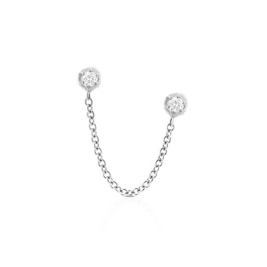 Pair of 925 Sterling Silver Double White CZ Gem with Chain Minimal Stud Earrings - Pierced Universe