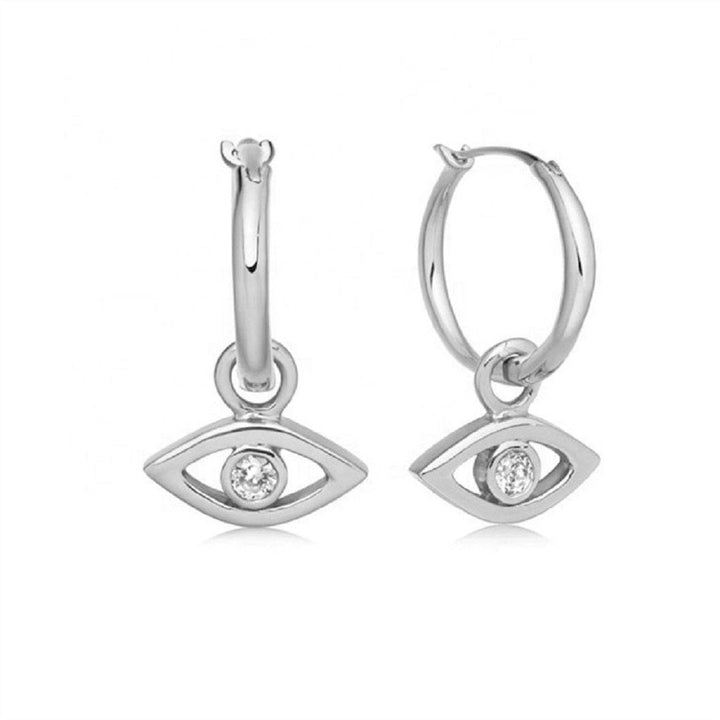 Pair of 925 Sterling Silver Evil Eye Dangle Minimal Hoop Earrings - Pierced Universe