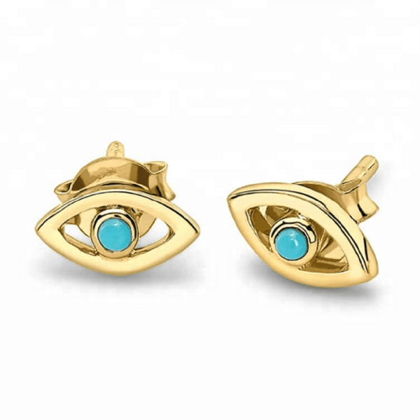 Pair of 925 Sterling Silver Gold PVD Blue Turquoise Evil Eye Minimal Earring Studs - Pierced Universe