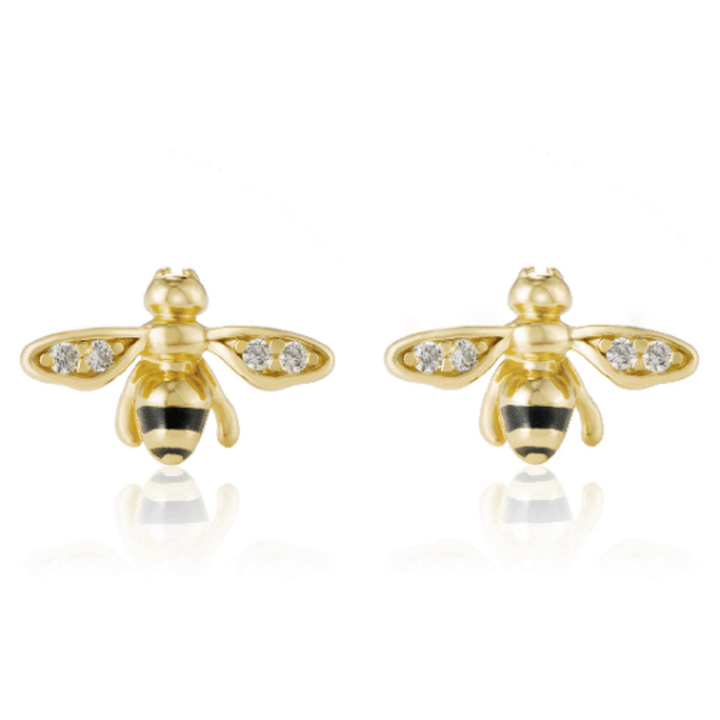 Pair of 925 Sterling Silver Gold PVD Bumble Bee Minimal Stud Earrings With White CZ Wings - Pierced Universe