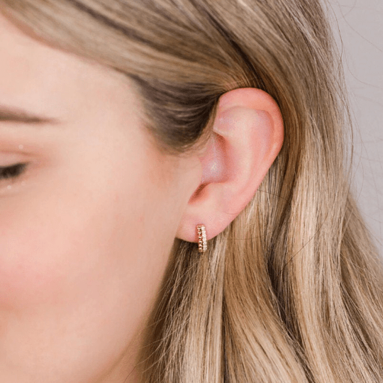 Pair of 925 Sterling Silver Gold PVD Dainty Minimal Women's Bead and White CZ Hinged Clicker Hoop Earring - Pierced Universe