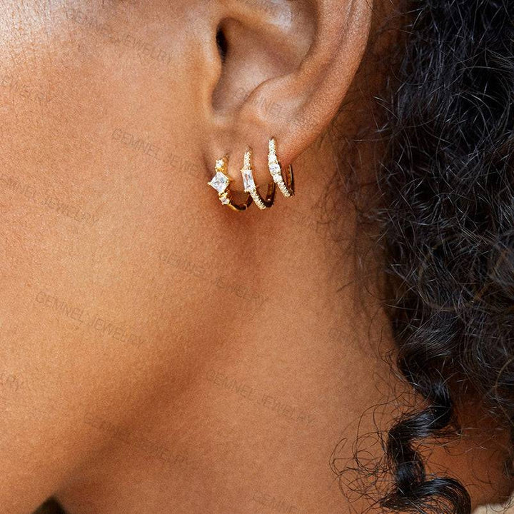 Pair of 925 Sterling Silver Gold PVD Diamond Baguette CZ Minimal Hoop Earrings - Pierced Universe