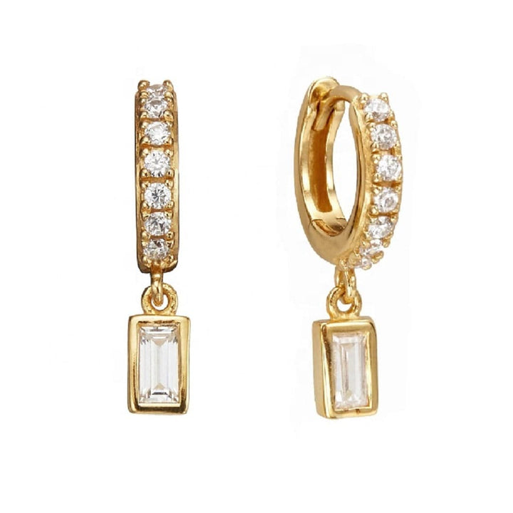 Pair of 925 Sterling Silver Gold PVD Diamond CZ Baguette Dangle Minimal Hoop Earrings - Pierced Universe