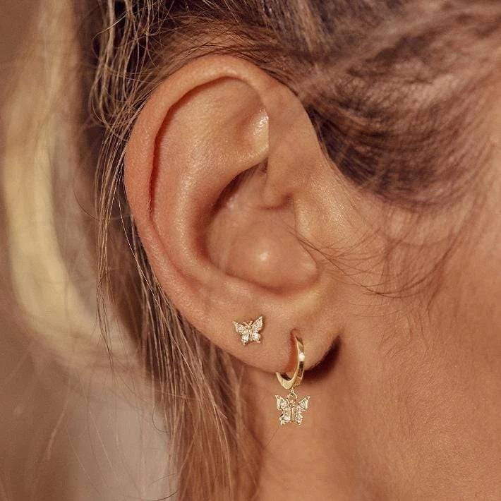 Pair of 925 Sterling Silver Gold PVD Diamond CZ Butterfly Dangle Minimal Hoop Earrings - Pierced Universe