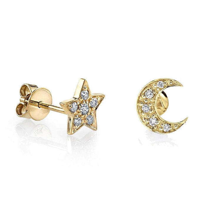 Pair of 925 Sterling Silver Gold PVD Large White CZ Star & Moon Minimal Earrings - Pierced Universe