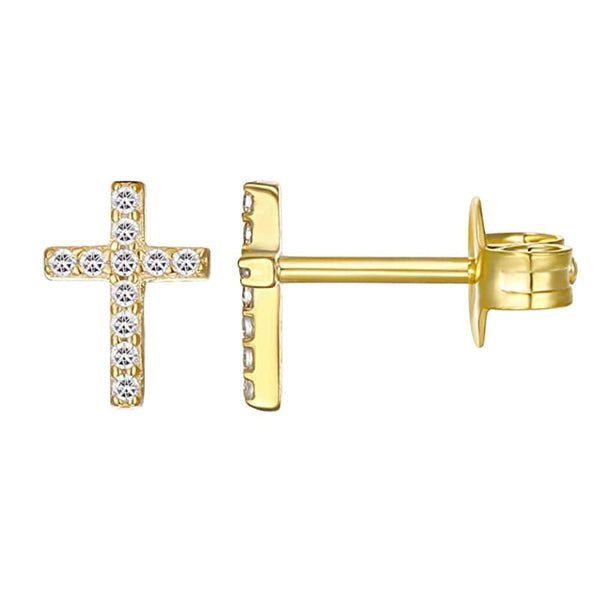 Pair Of 925 Sterling Silver Gold PVD Medium White CZ Cross Minimal Stud Earrings - Pierced Universe