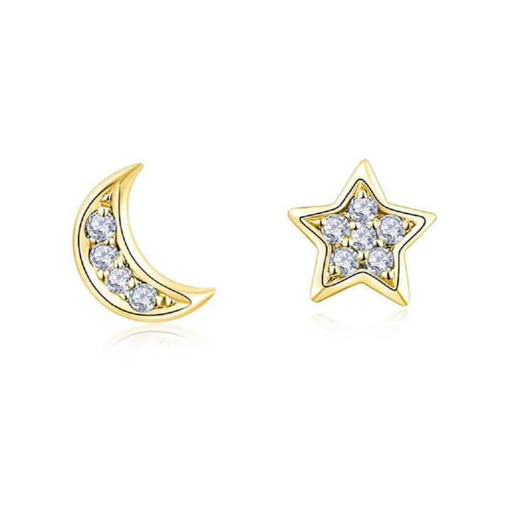 Pair of 925 Sterling Silver Gold PVD Medium White CZ Star & Moon Minimal Earrings - Pierced Universe