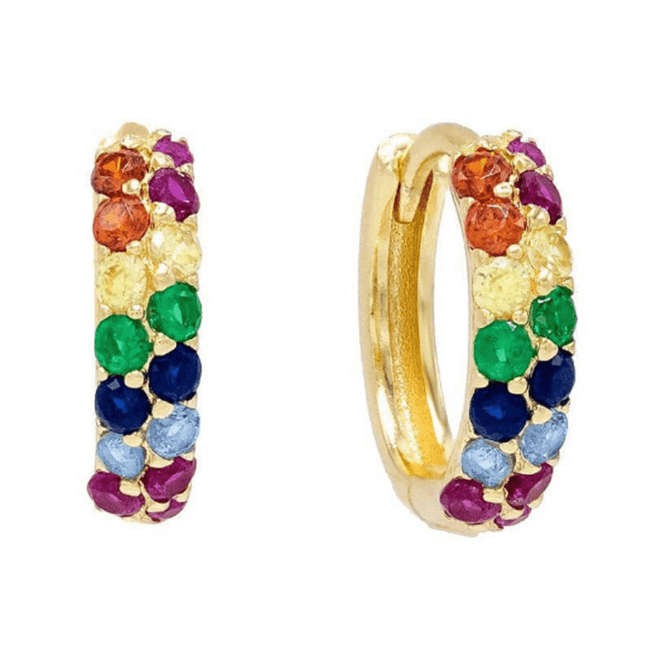 Pair of 925 Sterling Silver Gold PVD Minimal Women's Double Row Rainbow CZ Hinged Clicker Hoop Earrings - Pierced Universe