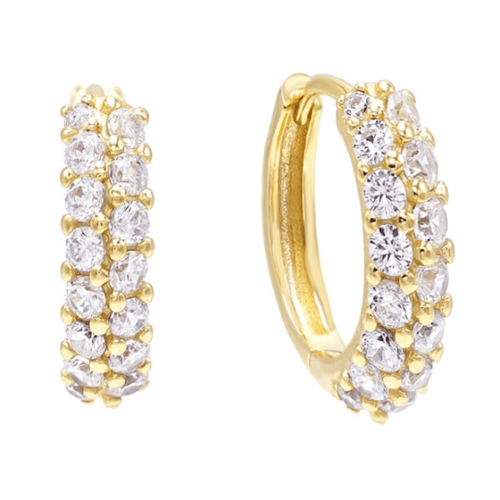 Pair of 925 Sterling Silver Gold PVD Minimal Women's Double Row White CZ Hinged Clicker Hoop Earrings - Pierced Universe