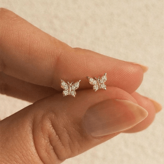 Pair of 925 Sterling Silver Gold PVD Small Butterfly Gem Minimal Earrings - Pierced Universe