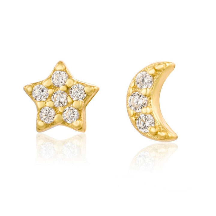 Pair of 925 Sterling Silver Gold PVD Tiny Dainty White CZ Star & Moon Minimal Earrings - Pierced Universe