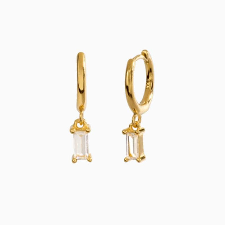 Pair Of 925 Sterling Silver Gold PVD White CZ Baguette Dangle Minimal Hoop Earrings - Pierced Universe