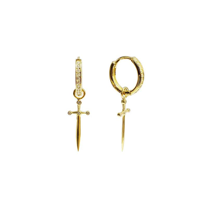 Pair Of 925 Sterling Silver Gold PVD White CZ Dagger Dangle Minimal Hoop Earrings - Pierced Universe