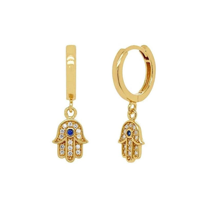 Pair Of 925 Sterling Silver Gold PVD White CZ Hamsa Dangle With Blue Gem Minimal Hoop Earrings - Pierced Universe