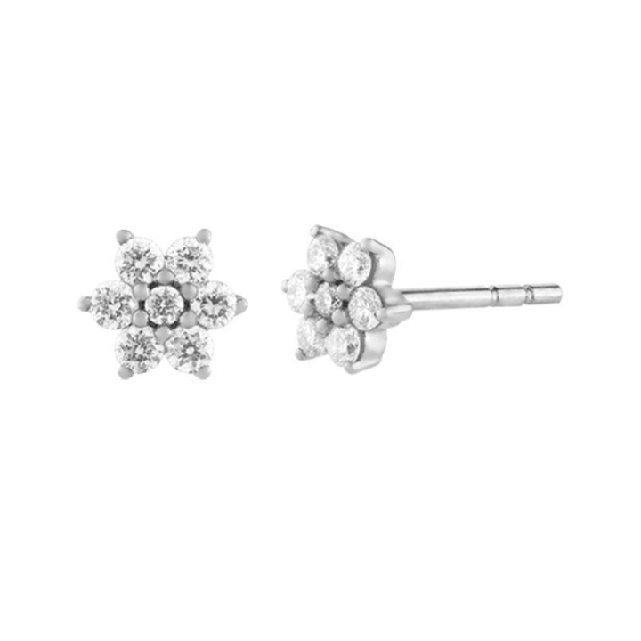 Pair of 925 Sterling Silver Large White CZ Diamond Flower Minimal Earrings - Pierced Universe