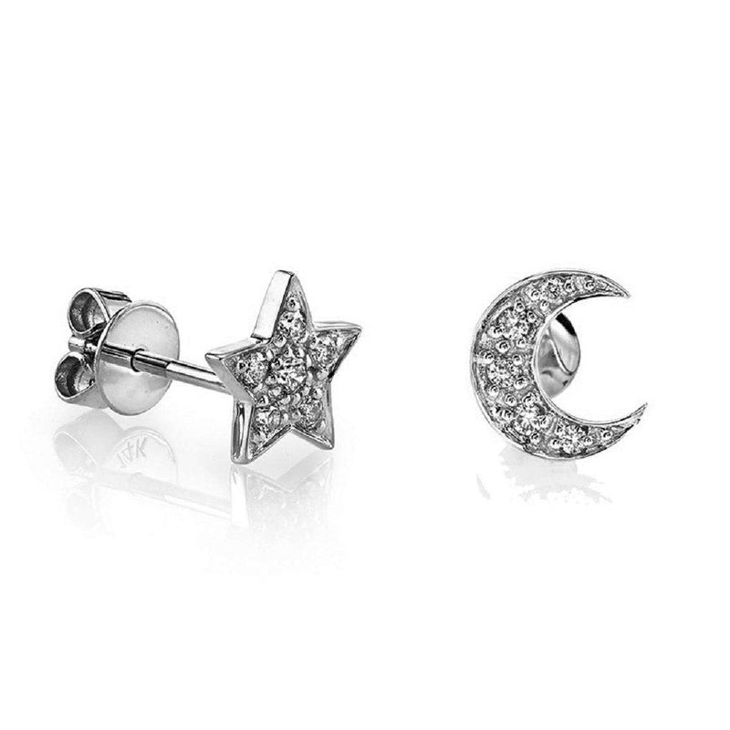 Pair of 925 Sterling Silver Large White CZ Star & Moon Minimal Earrings - Pierced Universe