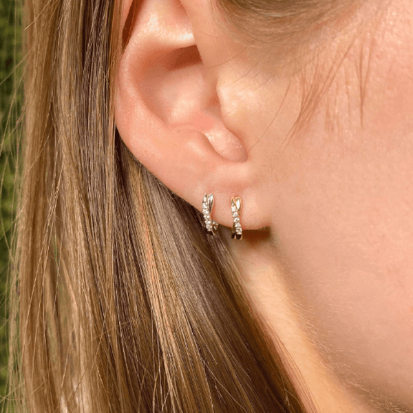 Pair of 925 Sterling Silver Minimal Crisscross Hinged White CZ Huggy Hoop Earrings - Pierced Universe