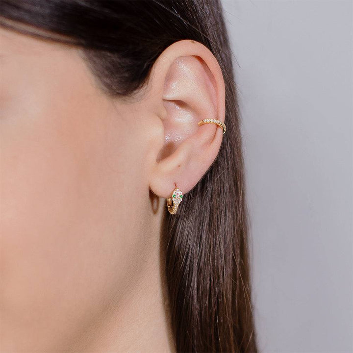 Pair of 925 Sterling Silver Minimal Gold PVD Gemmed Snake Hinged Huggy Bohemian Hoop Earrings - Pierced Universe