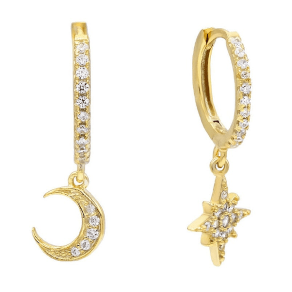 Pair of 925 Sterling Silver Minimal Gold PVD Hinged Huggy Celestial Hoop Earrings - Pierced Universe