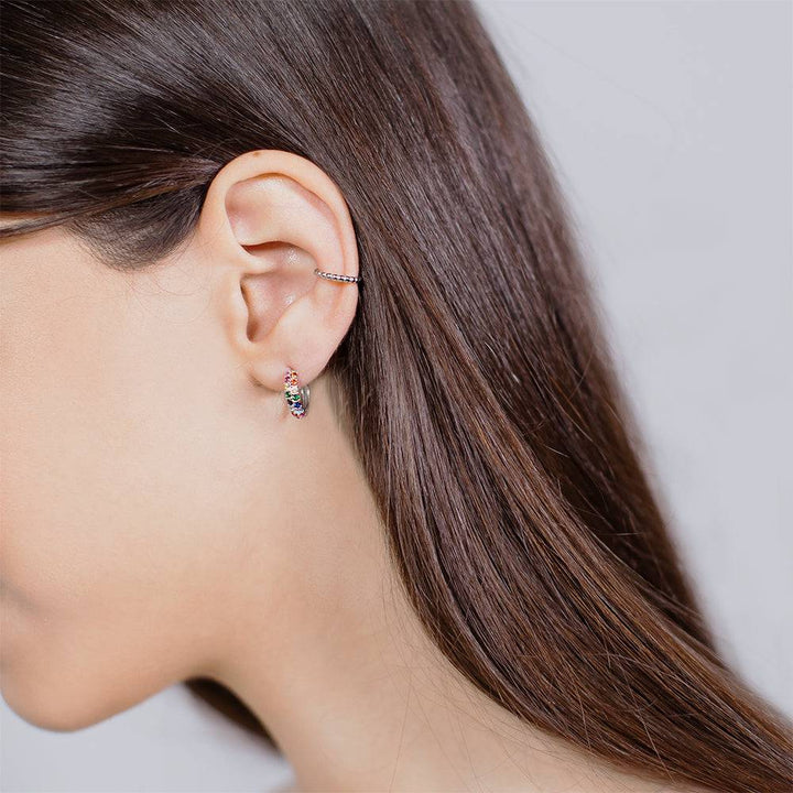 Pair of 925 Sterling Silver Minimal Women's Double Row Rainbow CZ Hinged Clicker Hoop Earrings - Pierced Universe