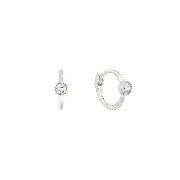 Pair Of 925 Sterling Silver Simple White Circle CZ Bezel Gem Minimal Hoop Earrings - Pierced Universe