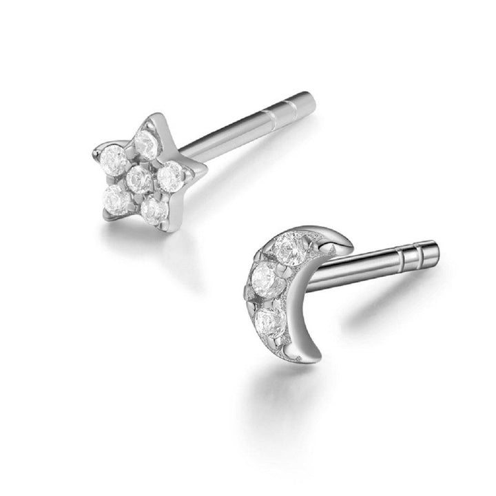 Pair of 925 Sterling Silver Tiny Dainty White CZ Star & Moon Minimal Earrings - Pierced Universe