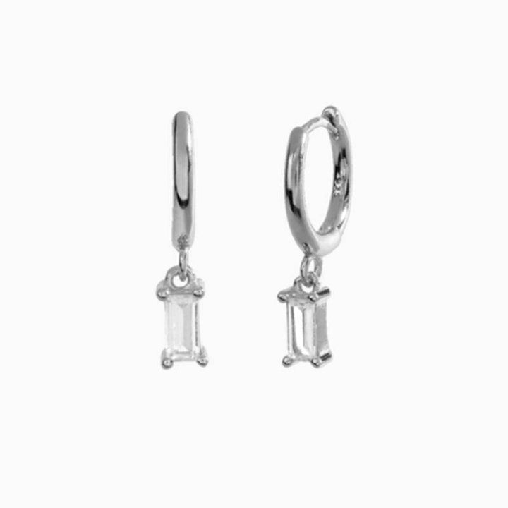 Pair Of 925 Sterling Silver White CZ Baguette Dangle Minimal Hoop Earrings - Pierced Universe