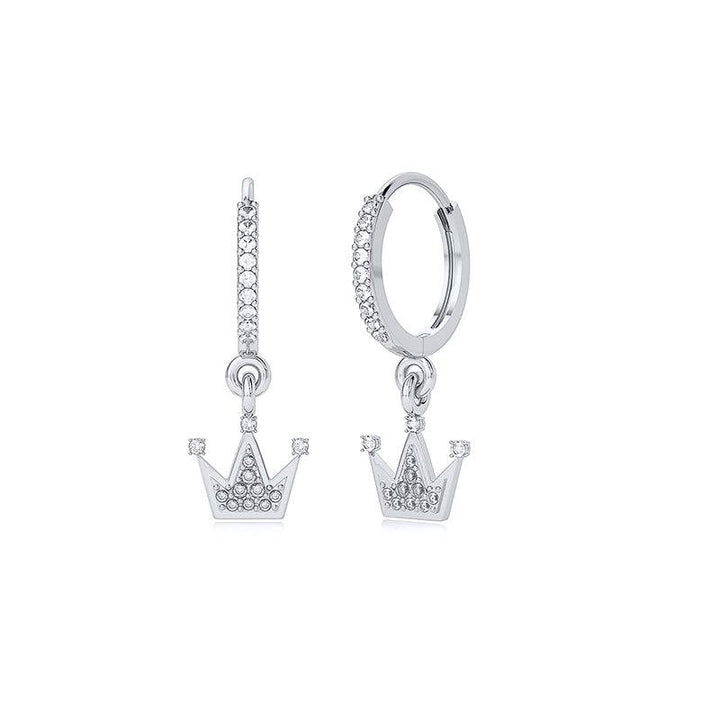 Pair Of 925 Sterling Silver White CZ Crown Dangle Minimal Hoop Earrings - Pierced Universe