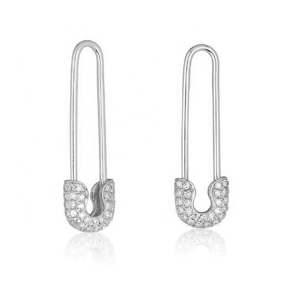 Pair of 925 Sterling Silver White CZ Gem Safety Pin Minimal Lightweight Earrings - Pierced Universe