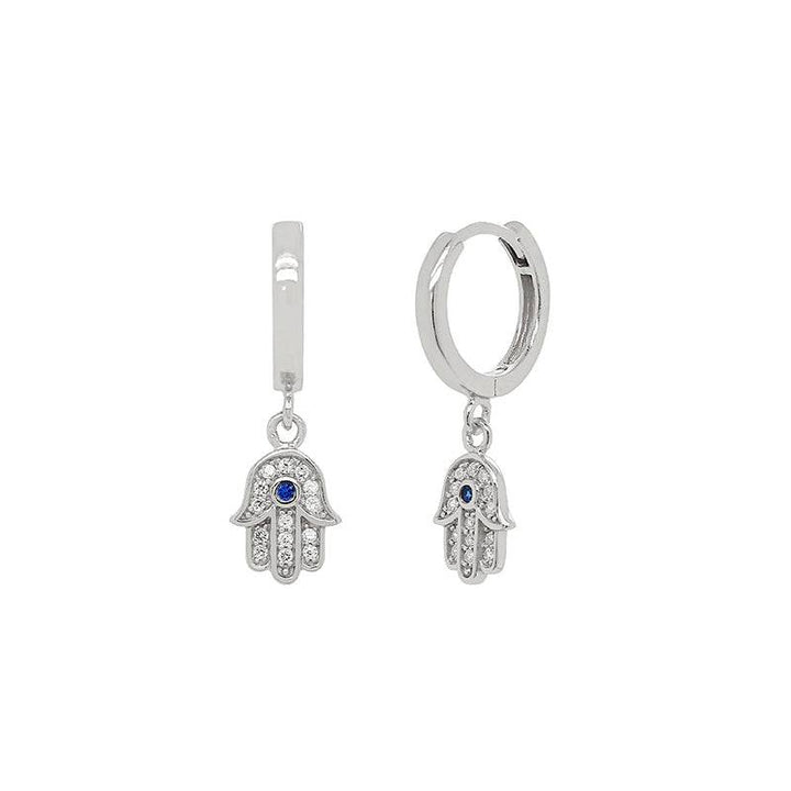 Pair Of 925 Sterling Silver White CZ Hamsa Dangle With Blue Gem Minimal Hoop Earrings - Pierced Universe